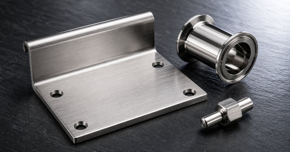 Precision-machined 304 stainless steel — #4 brushed architectural bracket, sanitary tri-clamp fitting, Swiss-turned fastener